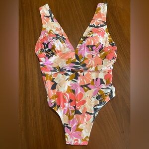 Kona Sol Pink and Orange One Piece Swimsuit with Plunging V-neckline